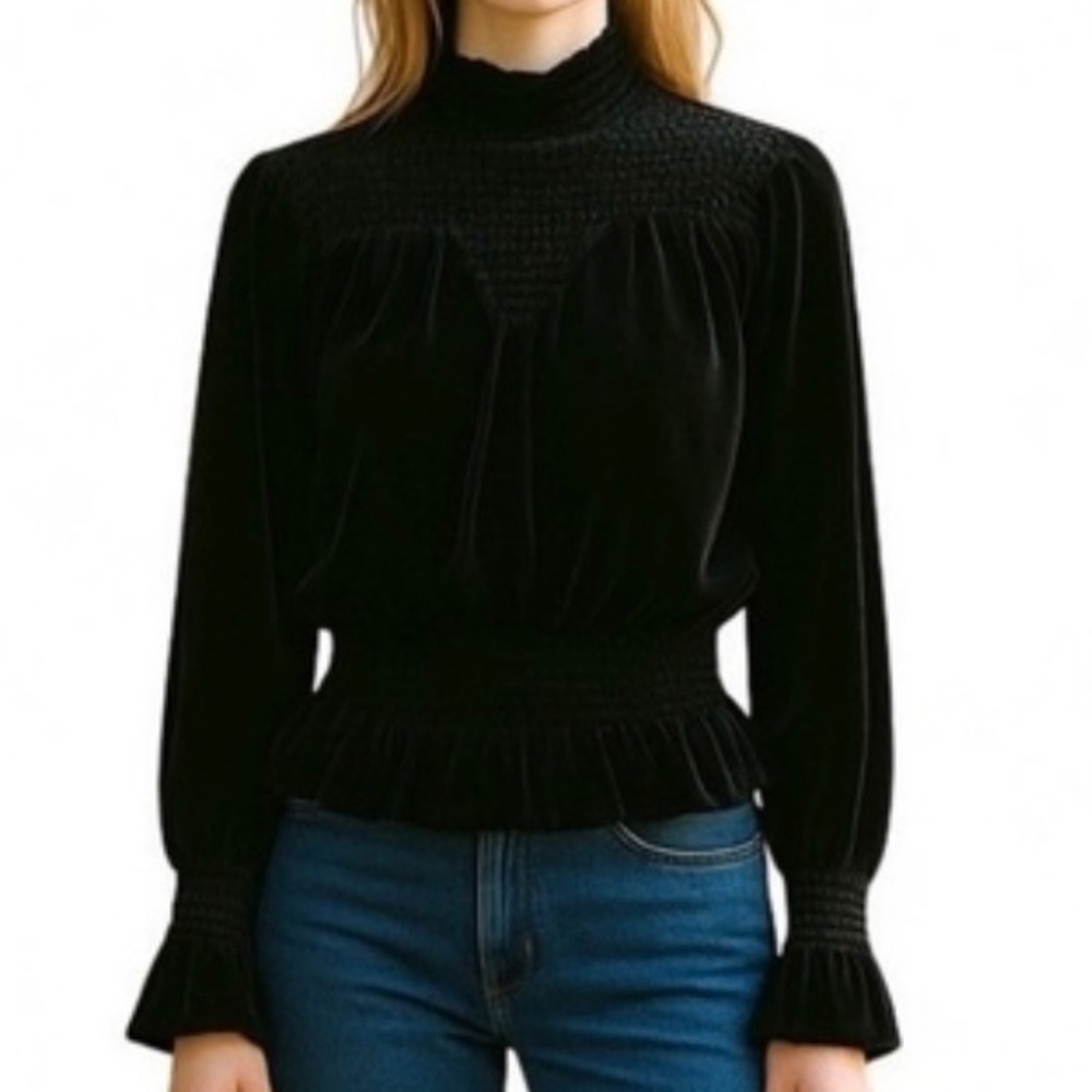 Frame Black Velour Ruffle Turtleneck
